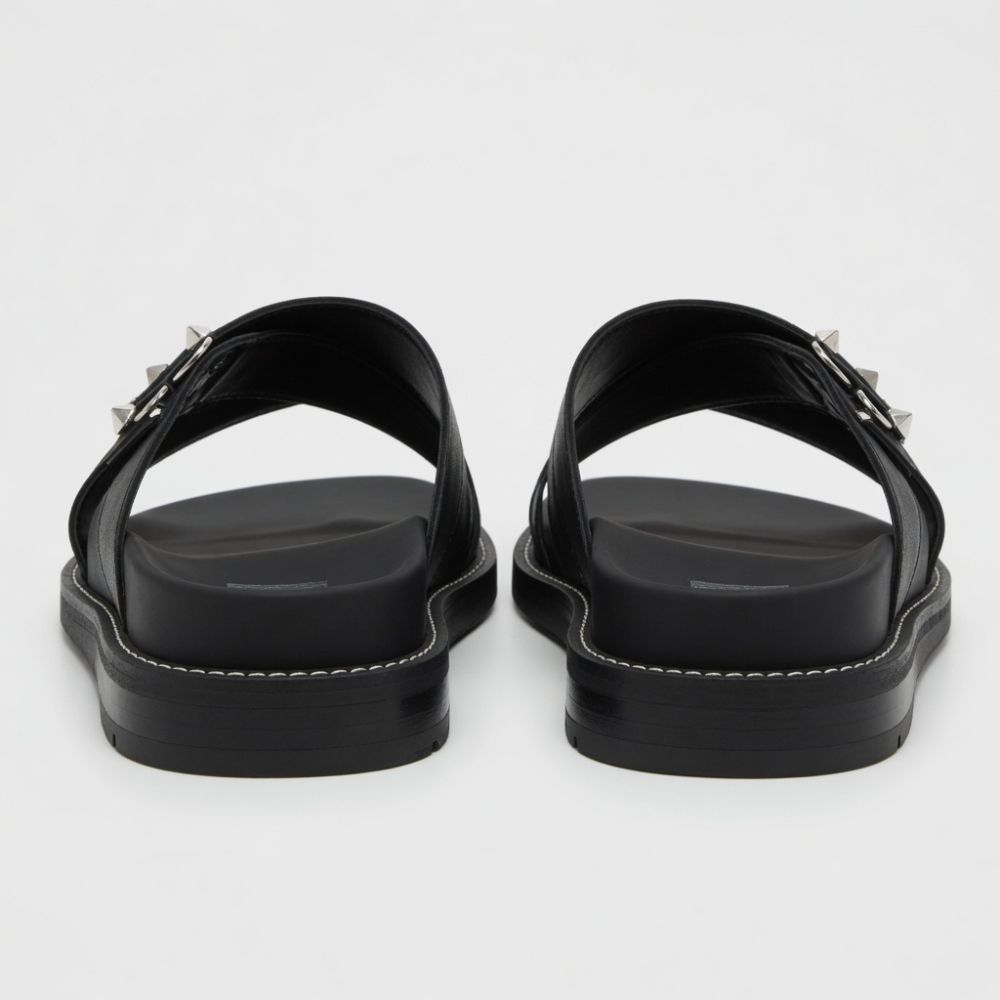 Classic Black Cross Strap Slide Sandals with Metal Ring Accent